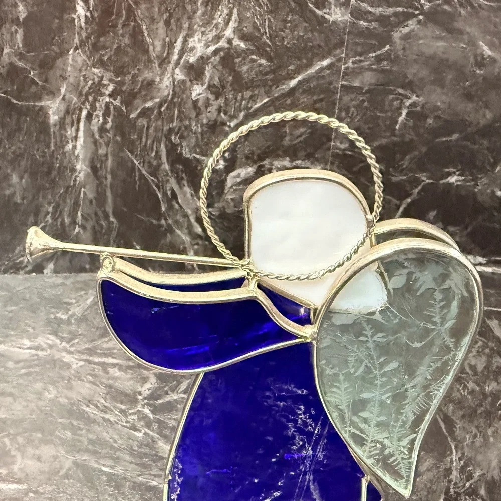 Stained Glass Angel Playing Horn Tea Light Candle Holder